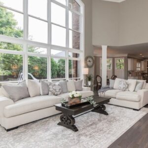 Single-hung windows below picture windows in a luxurious living room