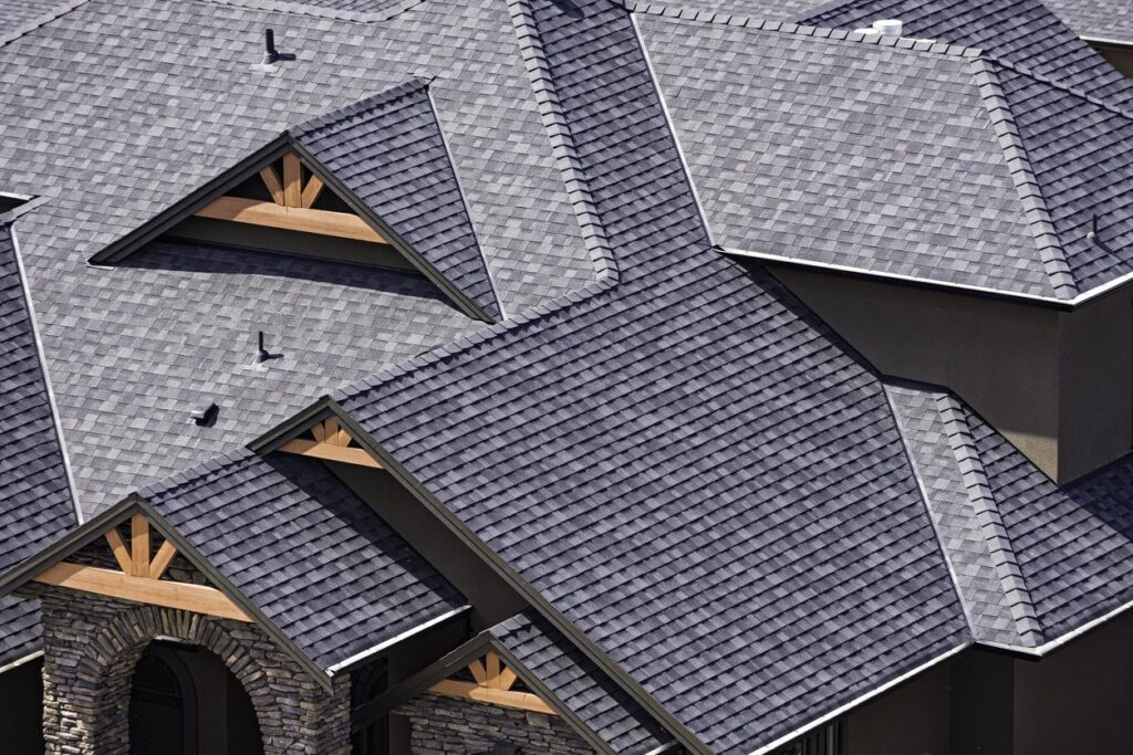 Tiers of new shingles shine in the sun.